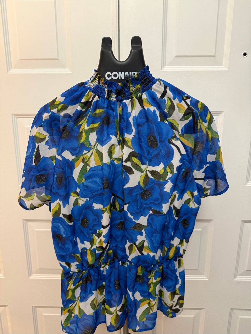 Blue Floral Smocked-Neck Blouse - Picture 3 of 4